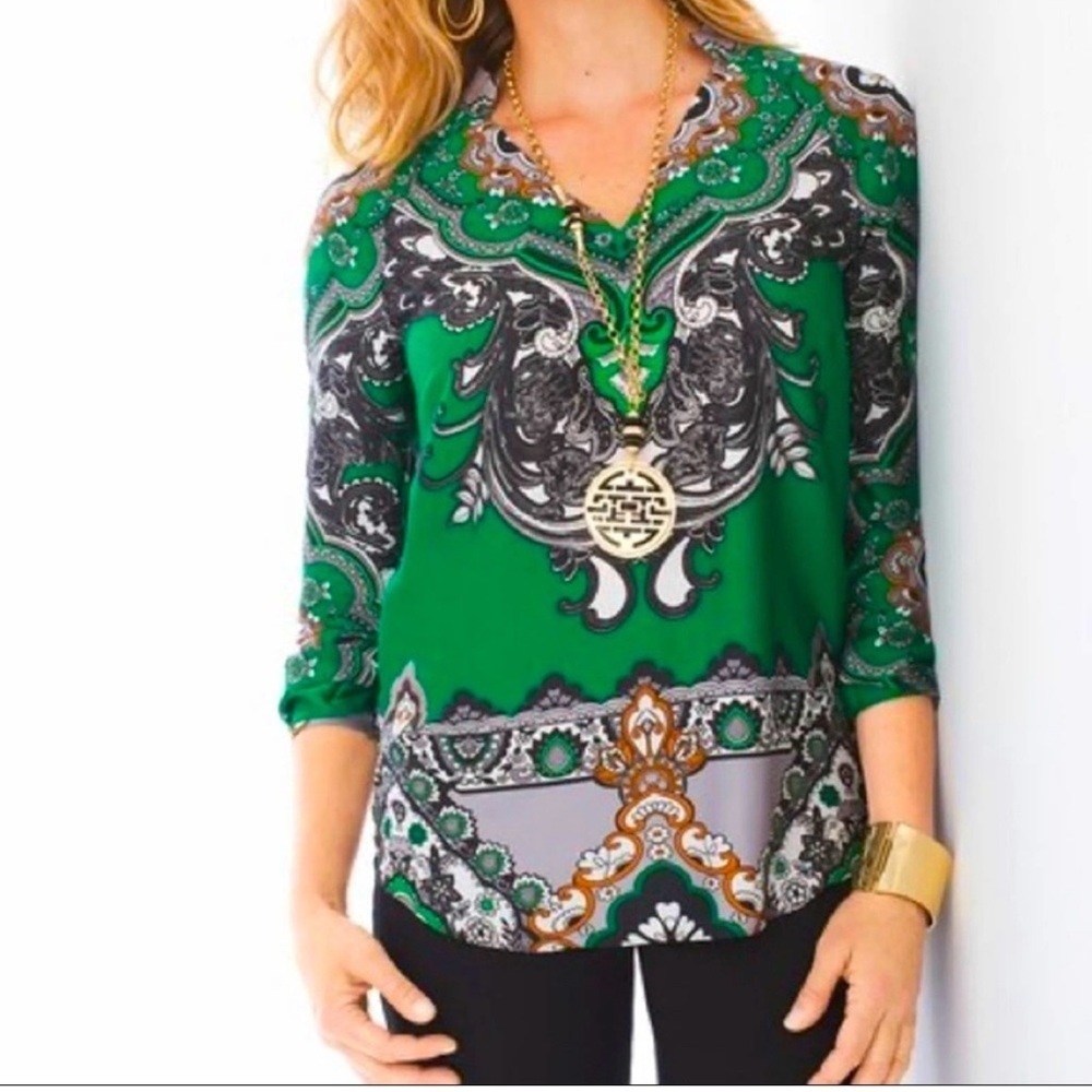 Chicos Top Size 1 L Green Paisley Satin V Neck Long Sleeve Lightweight Tunic